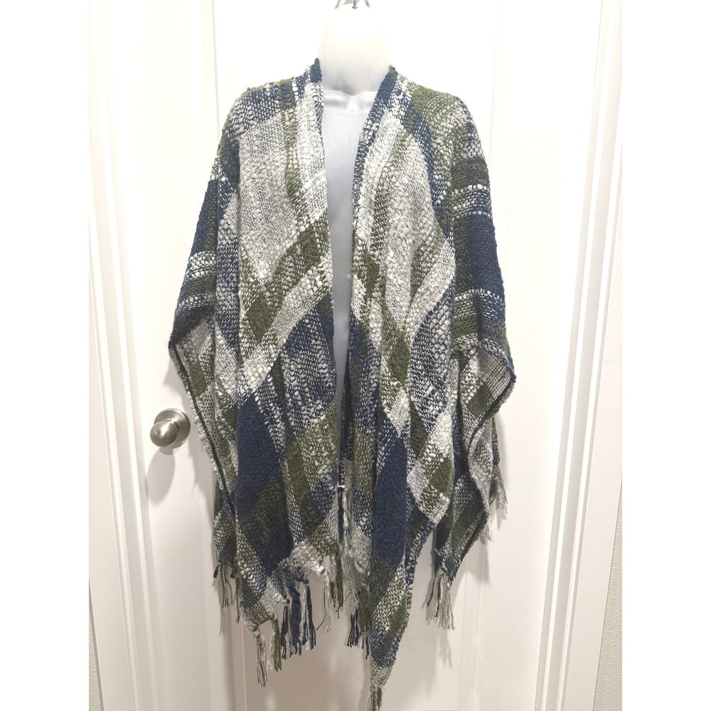 Time and Tru Womens Plaid Poncho Wrap Fringe Blue Green One Size Cabincore Cozy